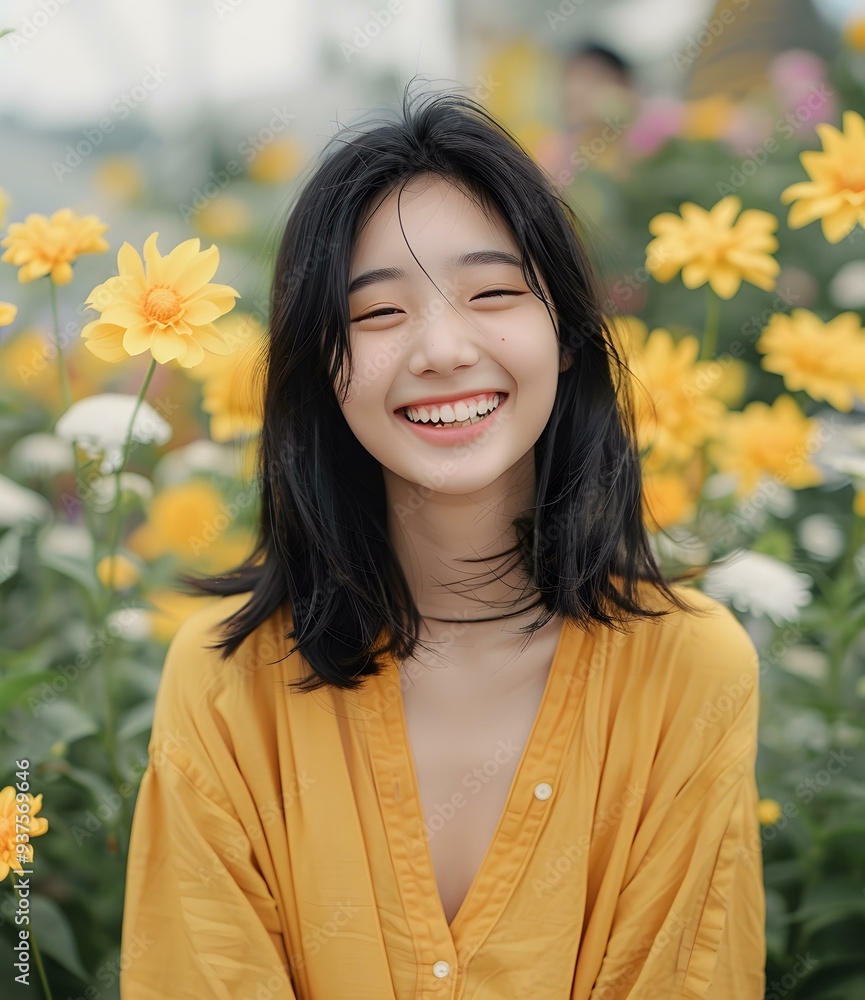 Smiling Asian Woman In A Field Of Yellow Flowers