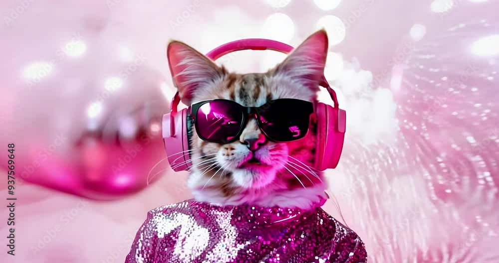Disco dj stylish cat in party atmosphere. Music fun concept.
