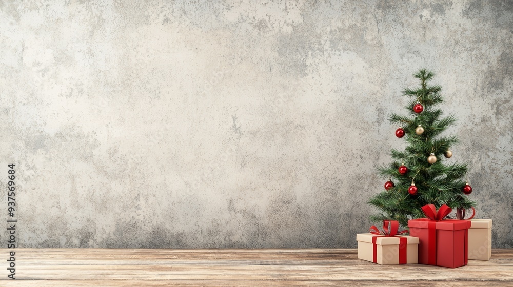 A festive Christmas tree decorated with ornaments stands beside beautifully wrapped gifts on a rustic wooden floor. A festive Christmas tree decorated with ornaments stands beside beautifully wrapped gifts on a rustic wooden floor.