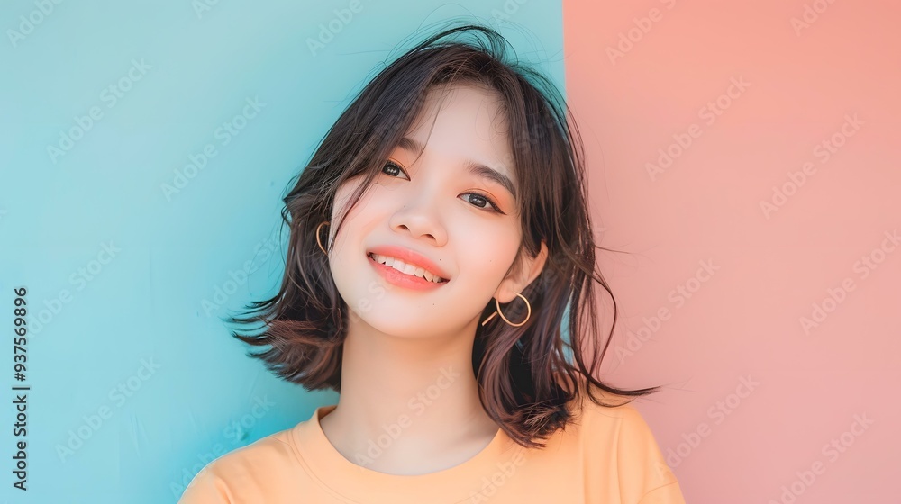 Smiling Asian Woman with Short Hair in Front of a Blue and Pink Wall Smiling Asian Woman with Short Hair in Front of a Blue and Pink Wall
