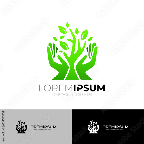 Tree logo and hand care design combination, nature logos