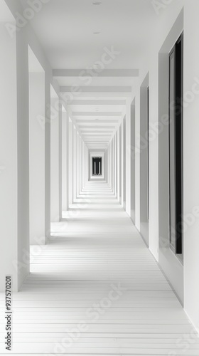 Abstract White Corridor A minimalist hallway of receding white frames, leading to a bright, undefined space beyond. The image evokes a sense of depth, perspective, and possibility.