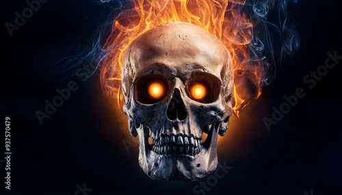 Flaming skull with glowing eyes in dark background