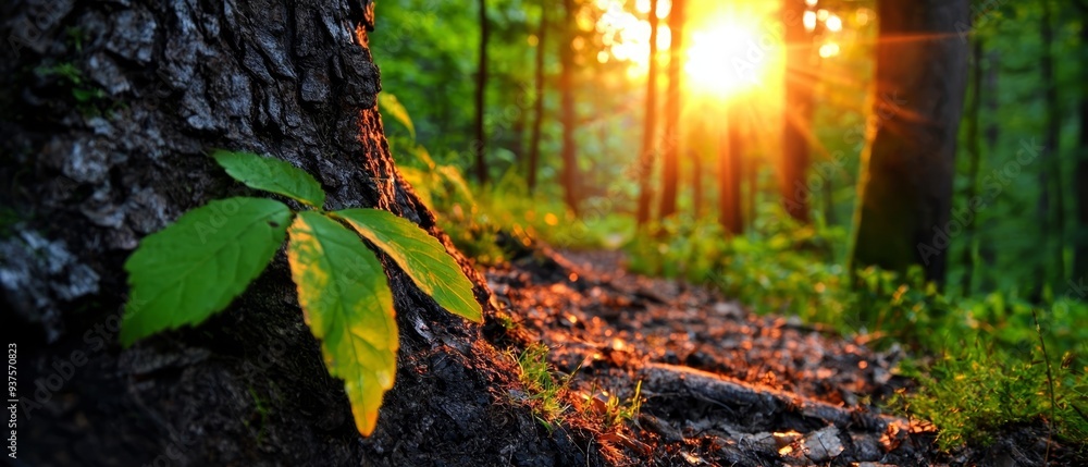 The sun brightly shines through the trees in a wooded area, where leaves litter the ground and a trail runs prominently in the foreground The sun brightly shines through the trees in a wooded area, where leaves litter the ground and a trail runs prominently in the foreground