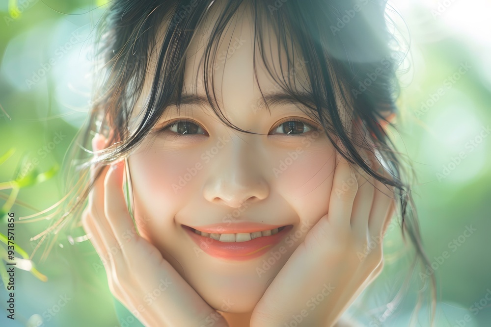 Smiling Asian Woman Portrait with Green Background Smiling Asian Woman Portrait with Green Background