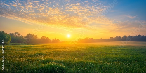 Beautiful spring landscape green meadow at sunrise 