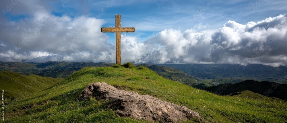 A wooden cross atop a verdant hill, surrounded by a lush green hillside Under a cloud-specked blue sky A wooden cross atop a verdant hill, surrounded by a lush green hillside Under a cloud-specked blue sky