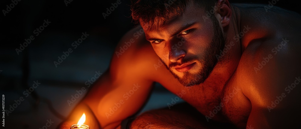 A man, shirtless, gazes intently into the camera, candle alight in right hand A man, shirtless, gazes intently into the camera, candle alight in right hand