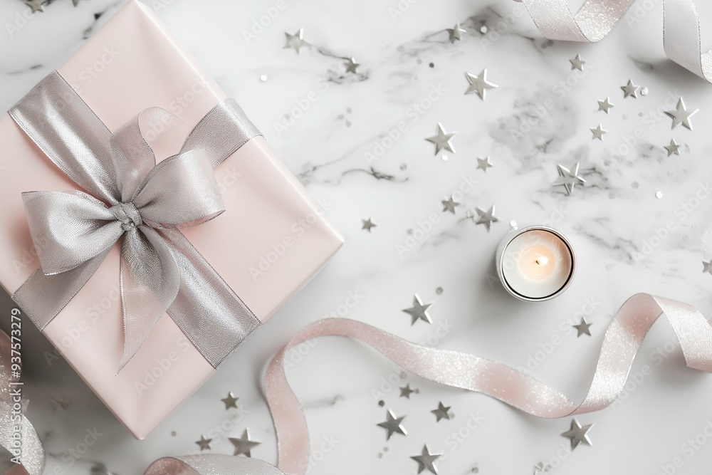 Pastel pink gift box with silver stars Christmas decoration Pastel pink gift box with silver stars Christmas decoration