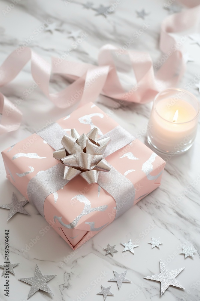 Pastel pink gift box with silver stars Christmas decoration Pastel pink gift box with silver stars Christmas decoration