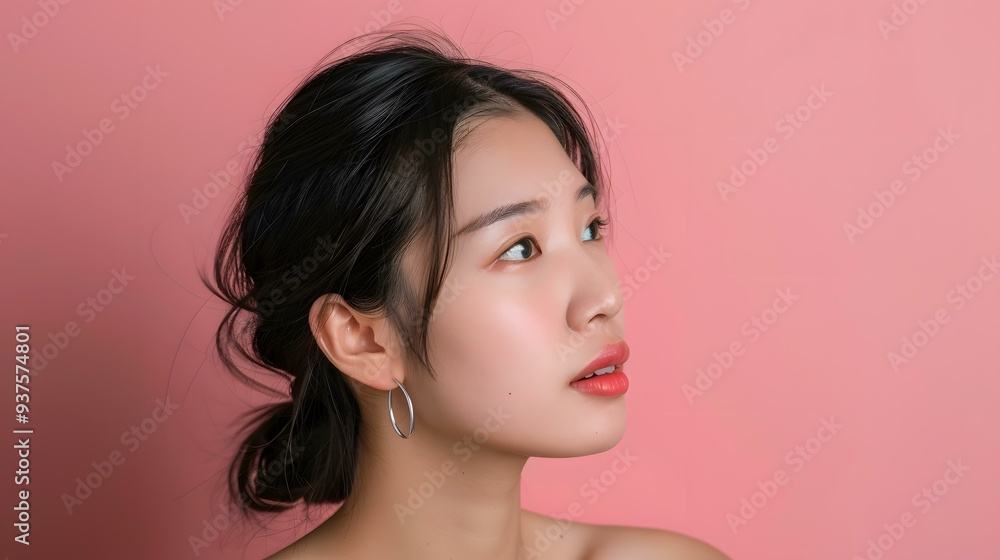 Portrait of a Young Asian Woman with Long Black Hair and Pink Background Portrait of a Young Asian Woman with Long Black Hair and Pink Background