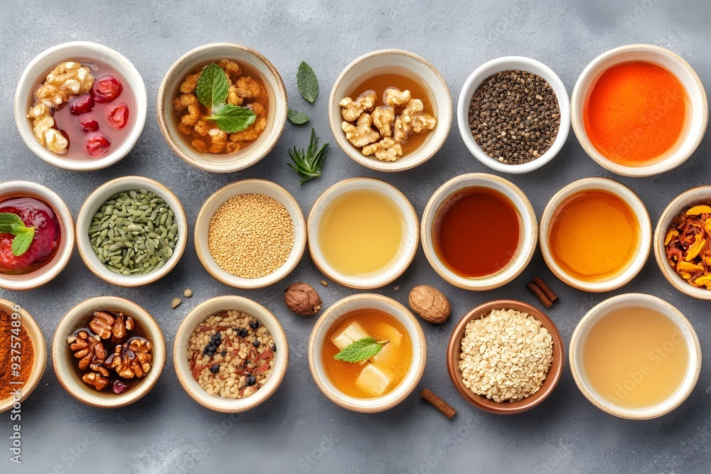 Collection of Different Spices and Ingredients in Small White Bowls Collection of Different Spices and Ingredients in Small White Bowls