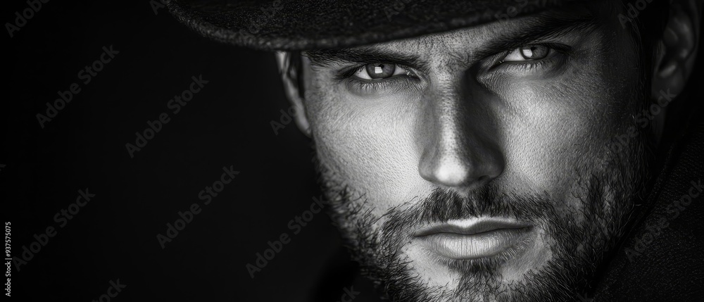 A monochrome image of a bearded man in a hat, gazing intently at the camera with a grave expression A monochrome image of a bearded man in a hat, gazing intently at the camera with a grave expression