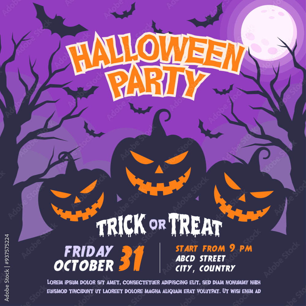 Halloween Party Invitation Template with Scary Pumpkin, Bats, Tree Silhouette and Full Moon. Vector Illustration Halloween Invitation for Poster, Flyer, Advertisement and Social Media. Halloween Party Invitation Template with Scary Pumpkin, Bats, Tree Silhouette and Full Moon. Vector Illustration Halloween Invitation for Poster, Flyer, Advertisement and Social Media.