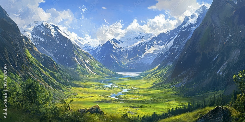 Fototapeta premium Mountain landscape with glacier-fed river through green valley