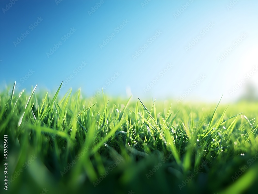 Close up View of Lush Green Grass in Early Morning on Scenic Background Close up View of Lush Green Grass in Early Morning on Scenic Background