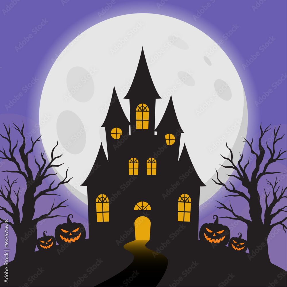 Spooky haunted house with full moon in the background with scary pumpkin and tree silhouette. Vector illustration halloween for poster, flyer, greeting card and social media. Spooky haunted house with full moon in the background with scary pumpkin and tree silhouette. Vector illustration halloween for poster, flyer, greeting card and social media.