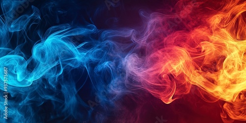 Color smoke abstract background. Cold hot. Ice fire flame. Defocused blue red contrast paint splash light glowing vapor floating cloud texture. Generative ai photo