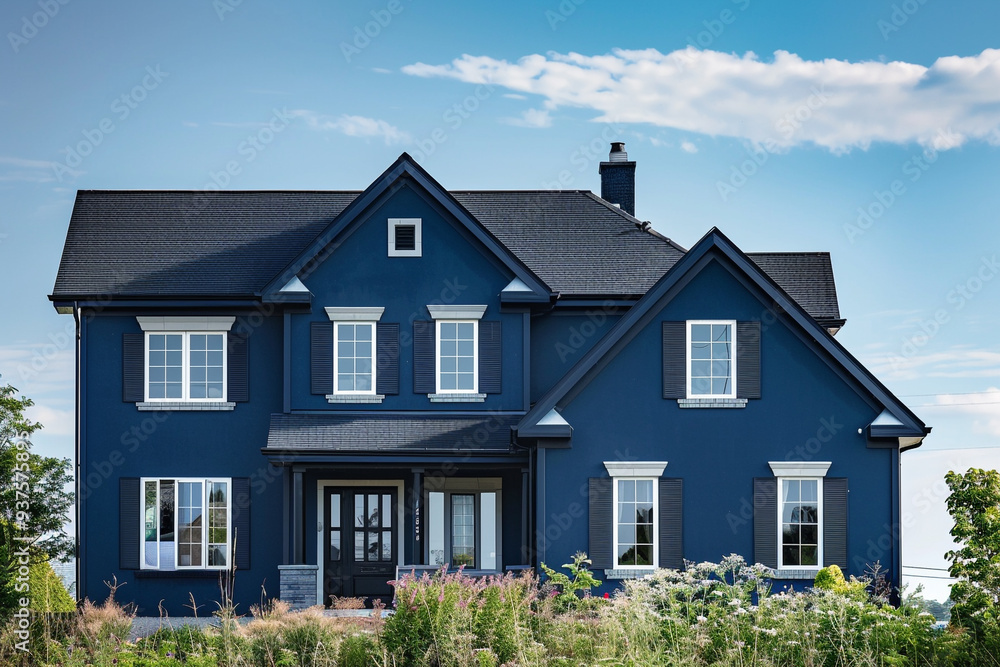From a distant viewpoint, the elegant navy blue house with traditional windows and shutters stands as a beacon in the suburban setting, its rich hue contrasting beautifully with the azure sky above. From a distant viewpoint, the elegant navy blue house with traditional windows and shutters stands as a beacon in the suburban setting, its rich hue contrasting beautifully with the azure sky above.