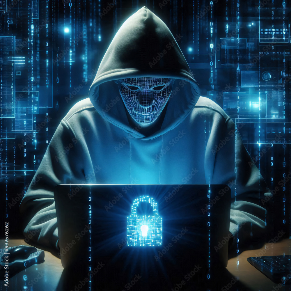 Hacker at a workstation, typing on a laptop with a backdrop of binary code and padlock Hacker at a workstation, typing on a laptop with a backdrop of binary code and padlock