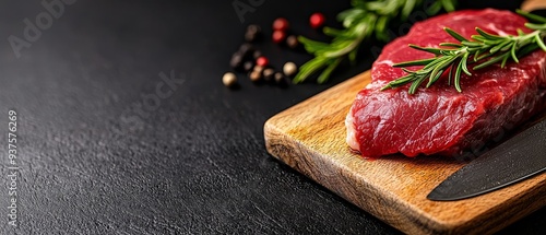  A slice of meat atop a wooden cutting board, accompanied by a knife and peppercorns scattered near