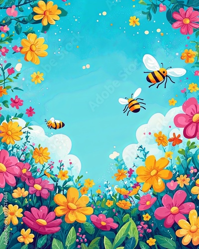 Colorful flowers and buzzing bees create cheerful scene in bright blue sky. vibrant colors evoke sense of joy and liveliness. 