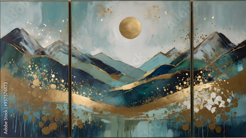 Triptych Abstract Landscape with Misty Mountains and Celestial Circles, Stellar clouds occluded by foreground objects photo