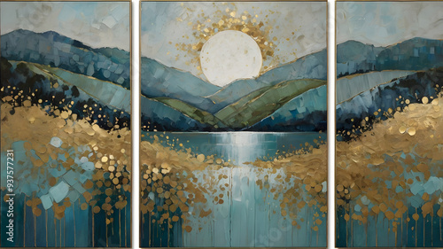 Triptych Abstract Landscape with Misty Mountains and Celestial Circles, Stellar clouds occluded by foreground objects photo