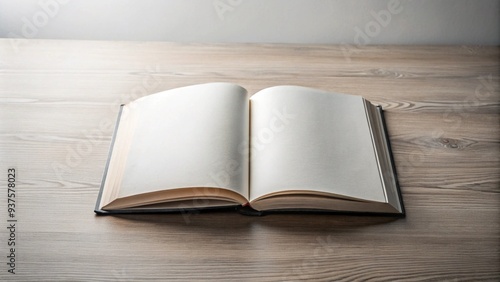 open book - an open book lying on a wooden surface. The pages of the book are blank, and the book is positioned in the center of the image. The lighting is soft, creating a calm and neutral atmosphere