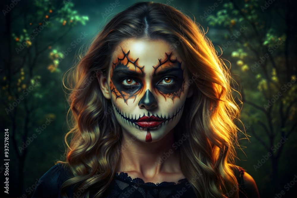 Mystical Woman with Intricate Face Paint in Enchanted Forest Setting Mystical Woman with Intricate Face Paint in Enchanted Forest Setting