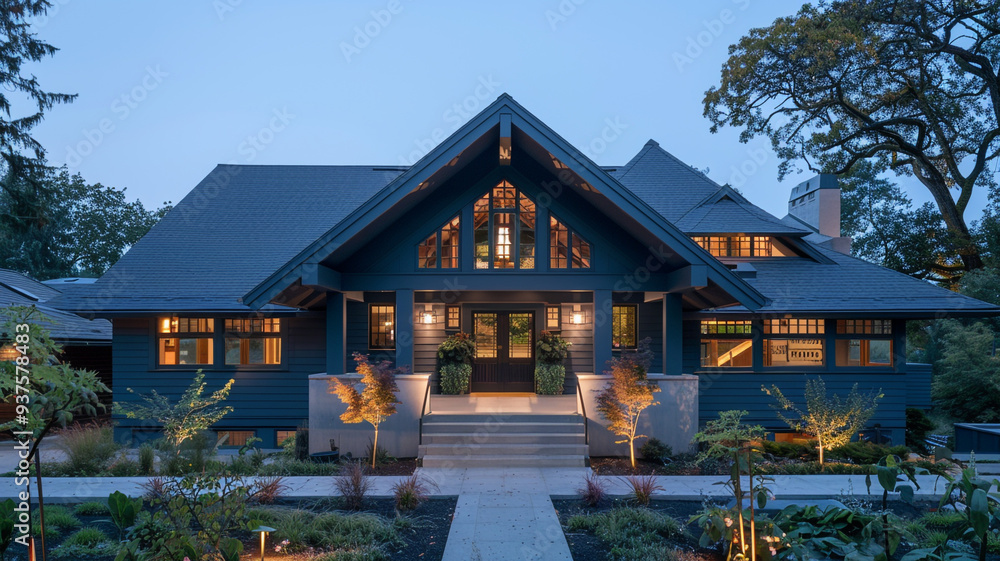 Elevated front view of a deep indigo craftsman cottage with a split pyramid roof, in the calm of the early evening, the split design adding a modern twist to the classic pyramid form. Elevated front view of a deep indigo craftsman cottage with a split pyramid roof, in the calm of the early evening, the split design adding a modern twist to the classic pyramid form.