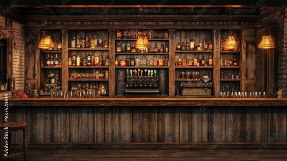Rustic Bar Interior with Wooden Shelves and Bar Counter Rustic Bar Interior with Wooden Shelves and Bar Counter