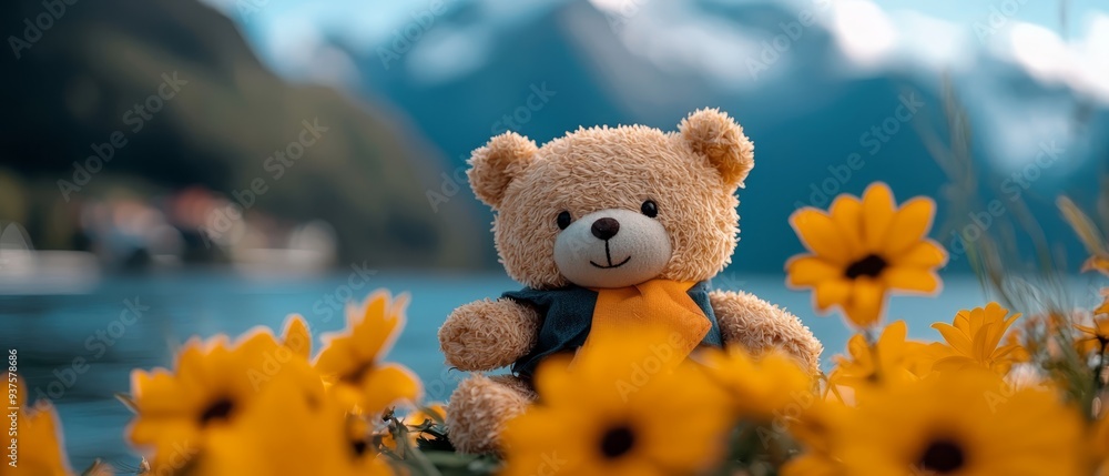 A bear sits in a sunflower field, facing a body of water A bear sits in a sunflower field, facing a body of water