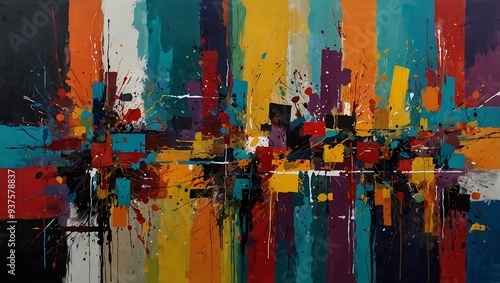 A vibrant abstract painting with bold colors, vertical stripes, and shapes.