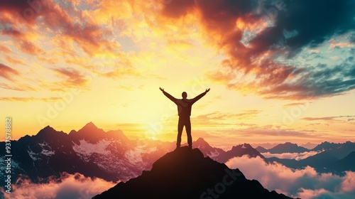 A person celebrates their success atop a mountain at sunrise, surrounded by radiant clouds and majestic peaks.