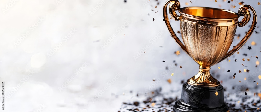 A gold trophy atop a black pedestal, surrounded by confetti and white sprinkles A gold trophy atop a black pedestal, surrounded by confetti and white sprinkles
