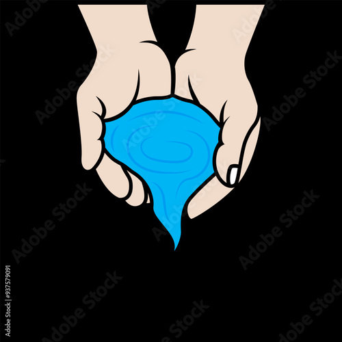 Human hands drawing water from well or a river with water dripping. Ripples forming in hands. Use in a logo or in an art project showing eco friendly environment or freshness of nature.