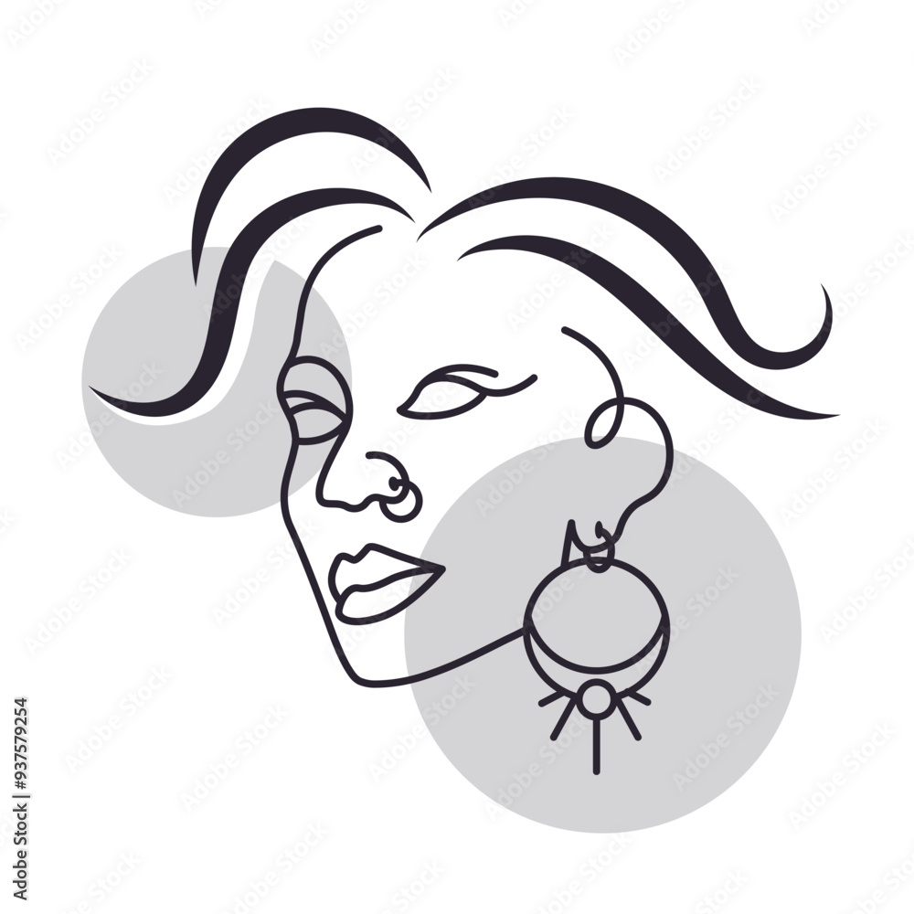 Beautiful female face drawn with line art wearing jewelry. Glamorous woman sketch used in fashion posters or as a logo for a beauty salon. face doodle artwork. 