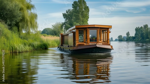 Houseboat sailing peacefully along a calm river AI generated illustration photo