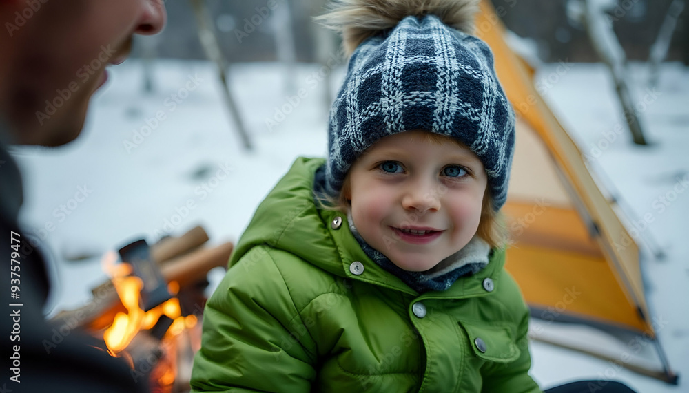 A middle-aged Caucasian man with a beard and a young girl, both wearing winter clothing, smiling and looking at the camera, camping in winter A middle-aged Caucasian man with a beard and a young girl, both wearing winter clothing, smiling and looking at the camera, camping in winter