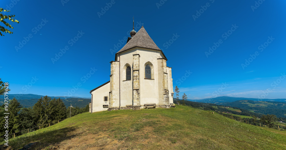 Fototapeta premium church in the mountains, Wolfgangikirche, Styria, Austria, Europe, July 2024