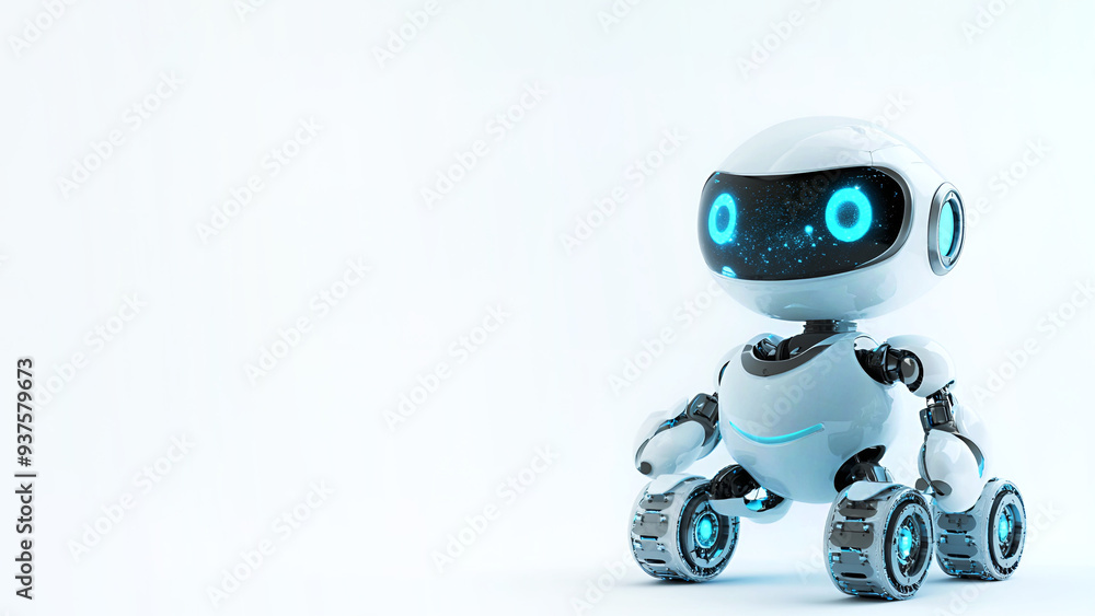 Robot for mobility with blue glowing eyes and wheels. Robot for mobility with blue glowing eyes and wheels.