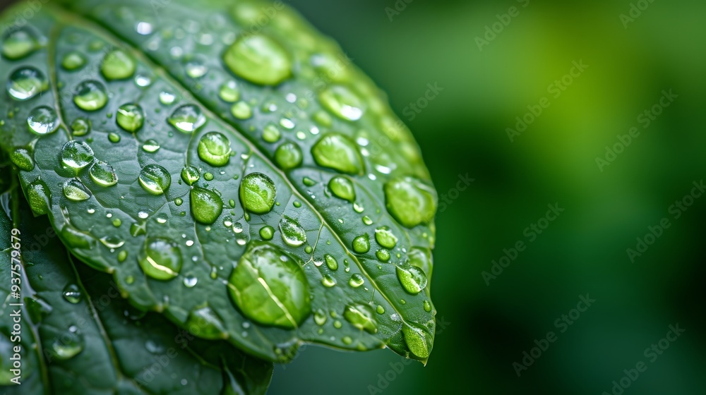 Illustrate a close-up macro view of raindrops on a leaf with a serene green background AI generated illustration Illustrate a close-up macro view of raindrops on a leaf with a serene green background AI generated illustration