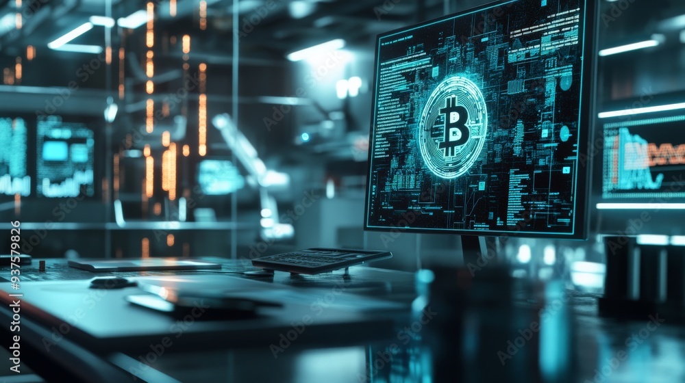 Futuristic office with computer displaying Bitcoin symbol, representing digital currency and blockchain technology in a high-tech setting. Futuristic office with computer displaying Bitcoin symbol, representing digital currency and blockchain technology in a high-tech setting.