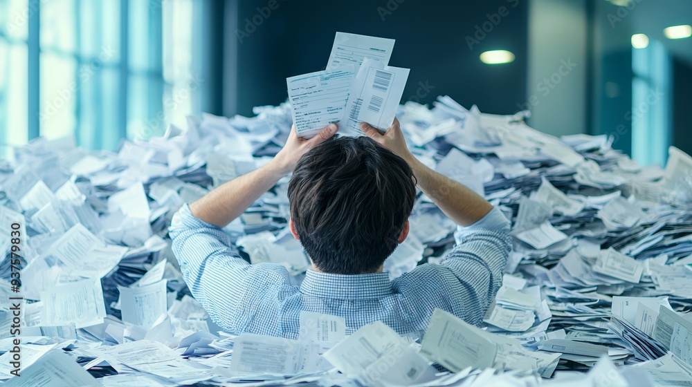 A person overwhelmed by a mountain of paperwork in an office setting, illustrating stress and chaos in daily tasks.