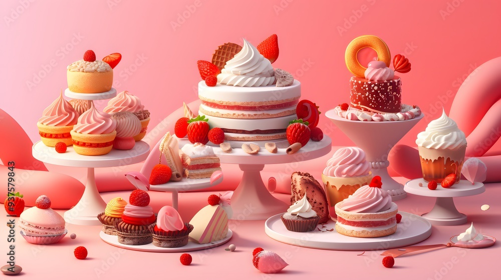 Illustrate a decadent dessert spread using 3D style design AI generated illustration Illustrate a decadent dessert spread using 3D style design AI generated illustration