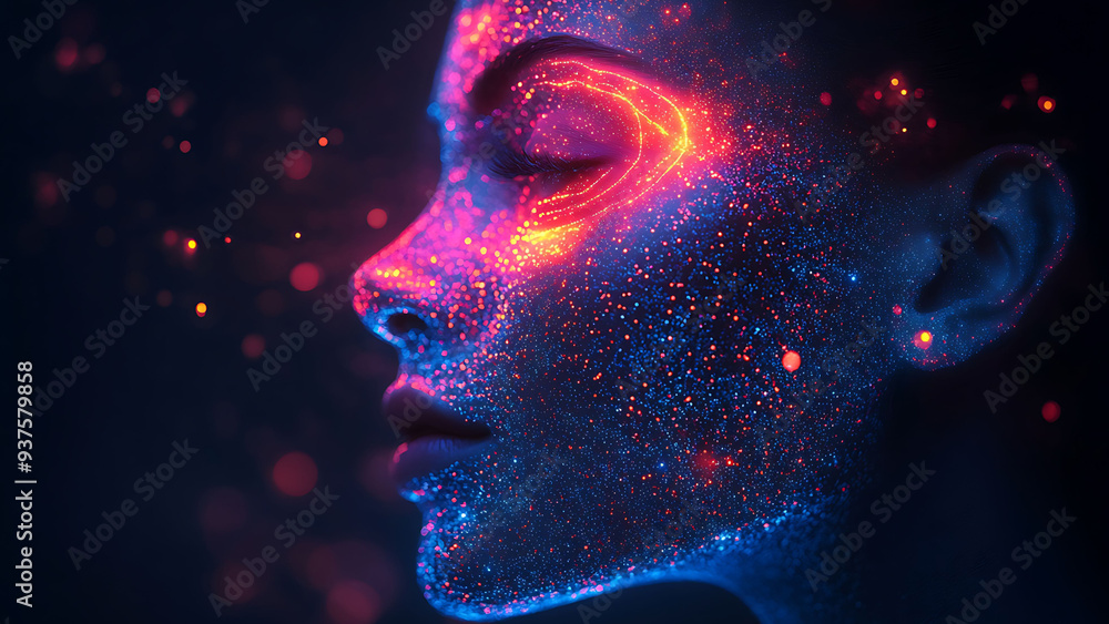Digital of human face composed of glowing particles and neon lines. Digital of human face composed of glowing particles and neon lines.