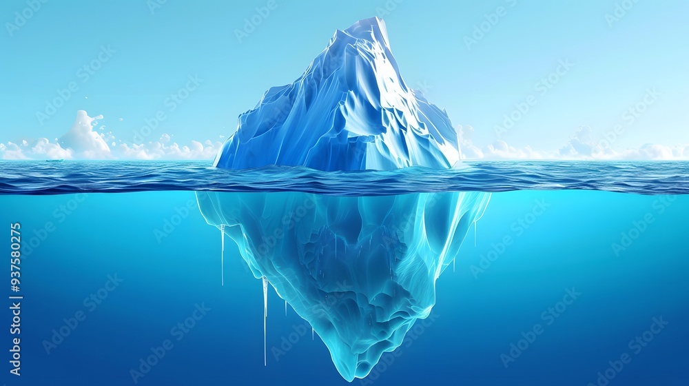 Obraz premium Illustration of a 3D iceberg half above and half below water in format AI generated illustration