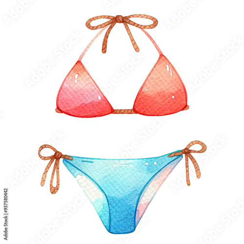 Watercolor illustration of a stylish bikini set with red top and blue bottoms. Perfect for summer fashion and beachwear designs.