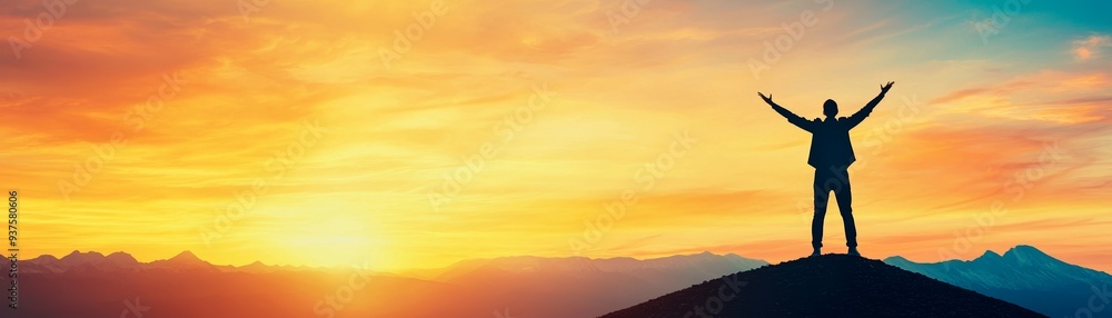 A person standing on a mountain peak with arms raised in triumph against a vibrant sunset backdrop, symbolizing achievement and freedom. A person standing on a mountain peak with arms raised in triumph against a vibrant sunset backdrop, symbolizing achievement and freedom.